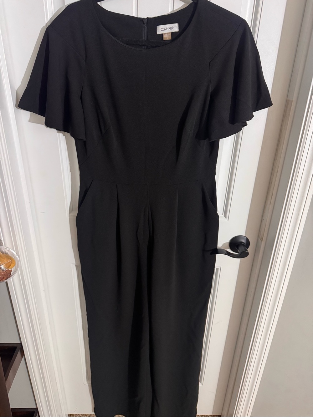 Calvin Klein Black Flutter-Sleeve Wide Leg Jumpsuit with Fitted Waist